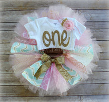 Gold, Pink, Aqua First Birthday Fabric Accent Tutu Outfit