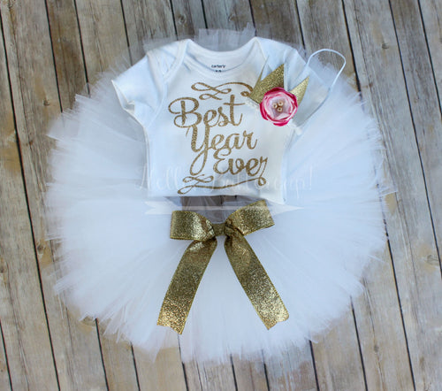 Best Year Ever! White tutu outfit with flower crown