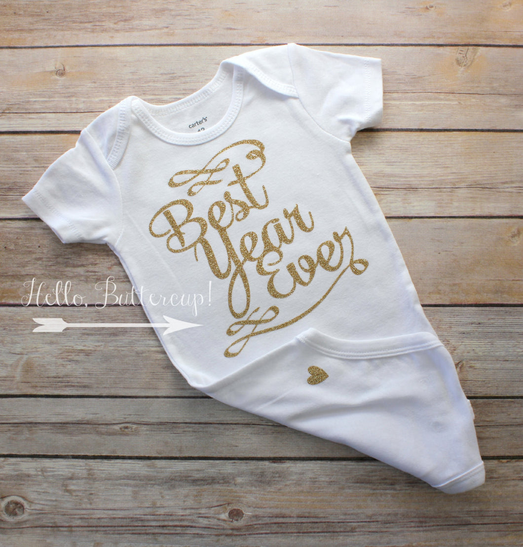 Best Year Ever gold glitter onesie