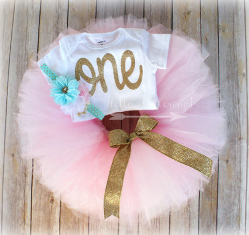 Pink Tutu First Birthday Outfit with Aqua, Pink, Gold Headband