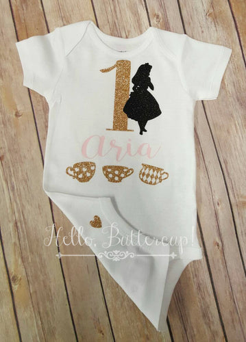 Alice in Wonderland Personalized Gold first birthday bodysuit, One-derland Birthday