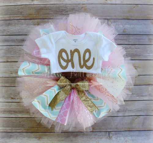 Gold first birthday bodysuit & Aqua Fabric accent Tutu