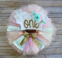 Gold, Pink, & Aqua First Birthday Fabric Accent Tutu Set