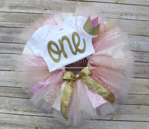 Gold Fabric Accent First Birthday Tutu with Crown