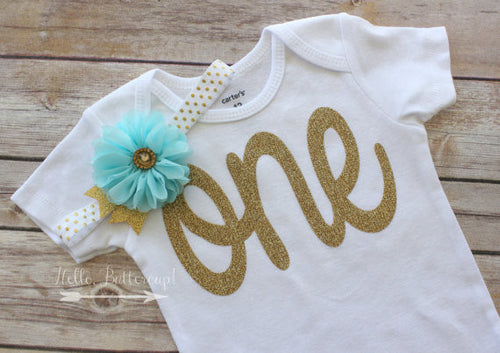 Gold First Birthday bodysuit with aqua headband
