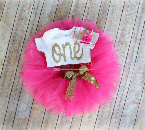 Hot Pink First Birthday Tutu outfit with Crown