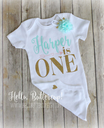 Personalized I AM ONE Bodysuit with Aqua Headband