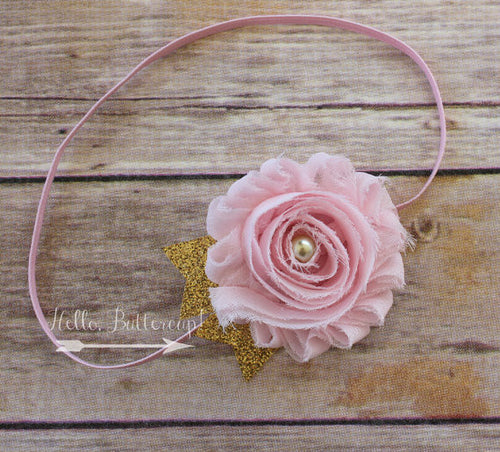 Pink Shabby Headband with Gold Accents