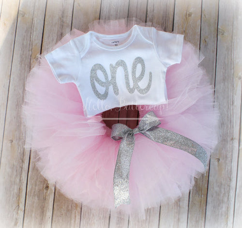 Silver First Birthday Tutu outfit, Pink and Silver