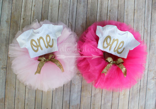 Gold first birthday bodysuit and Pink Tutu - TWIN SET